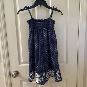 Mini Boden Blue White Polka Dot Smocked Summer Dress Bow Strap Girls Size 5-6